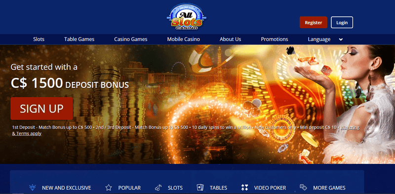 Screenshot of the All Slots Casino homepage