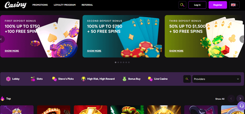 Screenshot of the Casiny Casino homepage