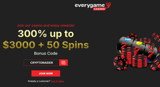 Everygame Casino - 300% Crypto Bonus up to $3,000 + 50 Free Spins