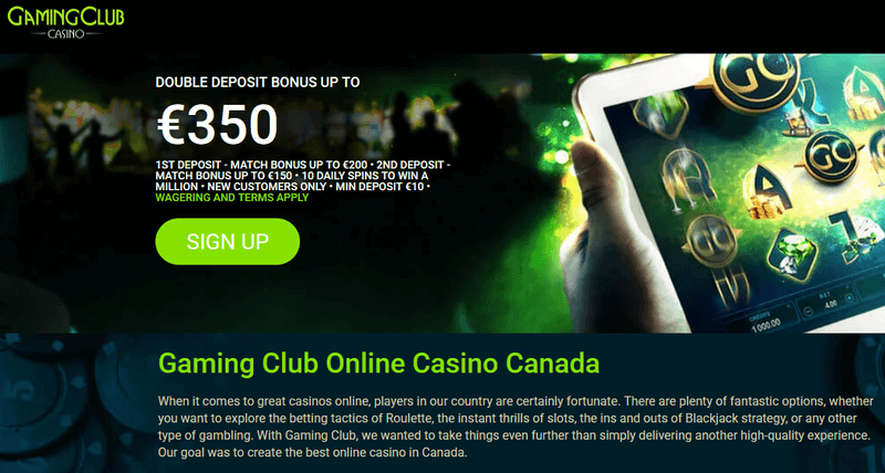 Screenshot of the Gaming Club Casino homepage