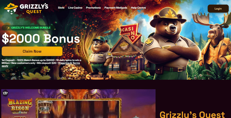Screenshot of Grizzly's Quest Casino homepage