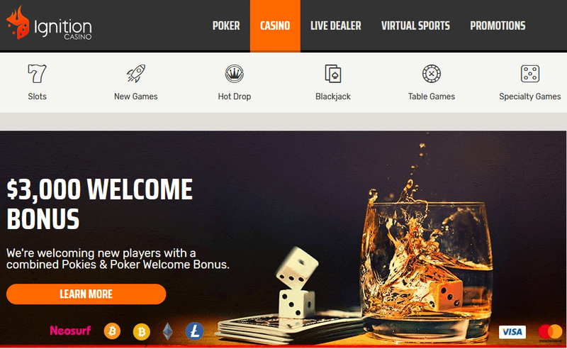 Screenshot of the Ignition Casino homepage
