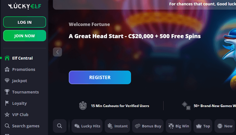 Screenshot of the Lucky Elf Casino homepage