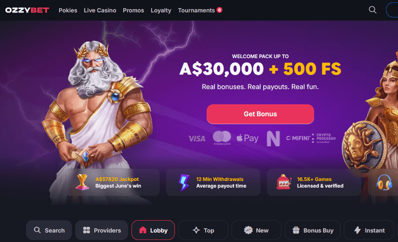 Screenshot of the OzzyBet Casino homepage