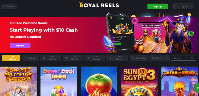 Screenshot of the Royal Reels Casino homepage