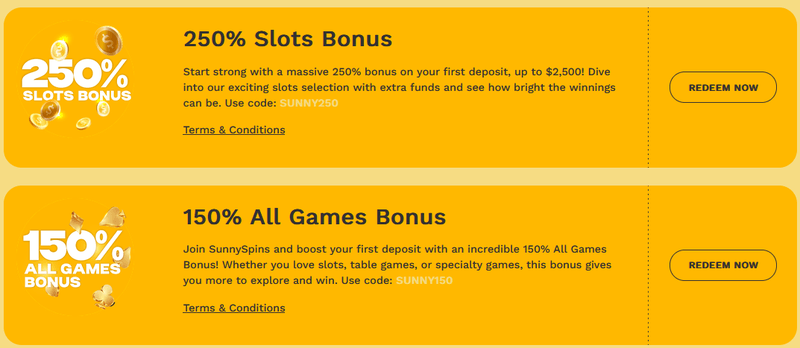 SunnySpins Casino bonuses