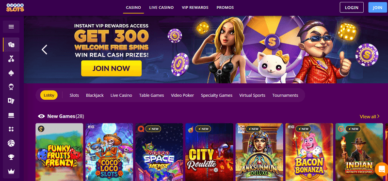 Screenshot of the Super Slots Casino homepage