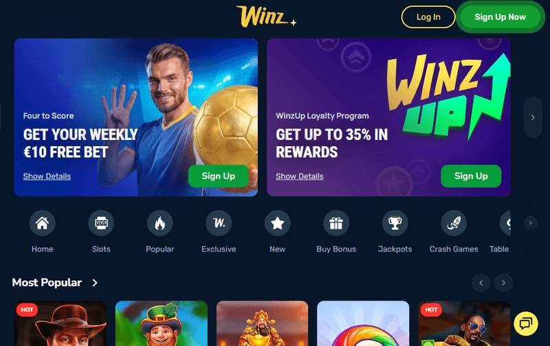 Screenshot of the Winz Casino homepage